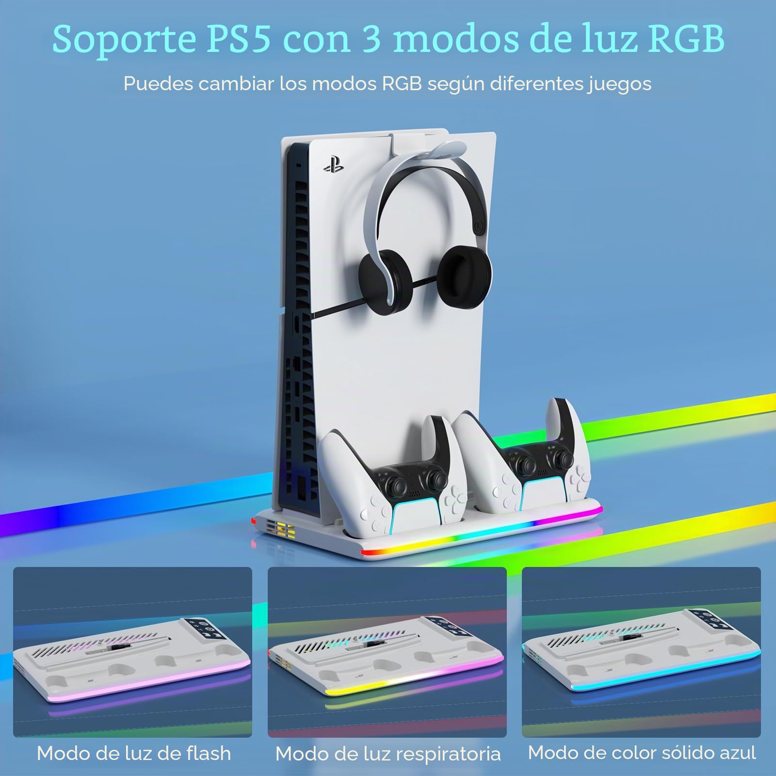 Soporte para PS5, Soporte de Refrigeración para PS5/PS5 Slim/PS5 Pro Soporte Vertical P5/P5 Slim/P5 Pro con Estación de Carga de Dual Dontrolador 3 Puertos USB(Disco y Digital)(Blanco)