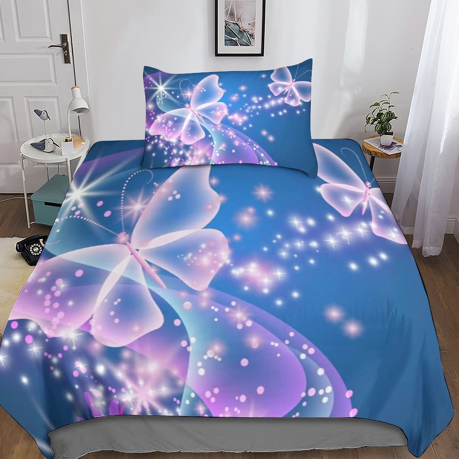 Parure de lit papillon 3D avec housse de couette 135x200 et taie d'oreiller floral