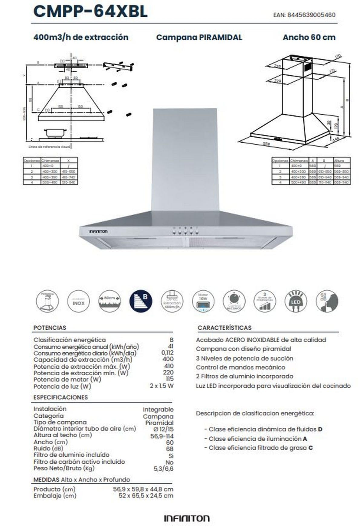 INFINITON Campana de Pared CMPP-64XBL, 400 m3/h, Ancho 60 cm, 3 Niveles de Potencia, 2 Filtros de Aluminio, Luz Led, B, Inox