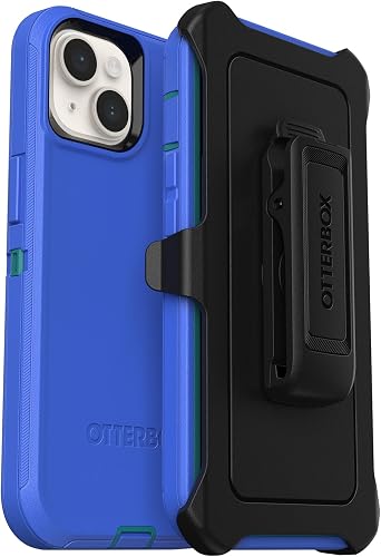 OtterBox iPhone 14 Plus Defender Series Case - RAIN CHECK (Blue), rugged & durable, with port protection, includes holster clip kickstand