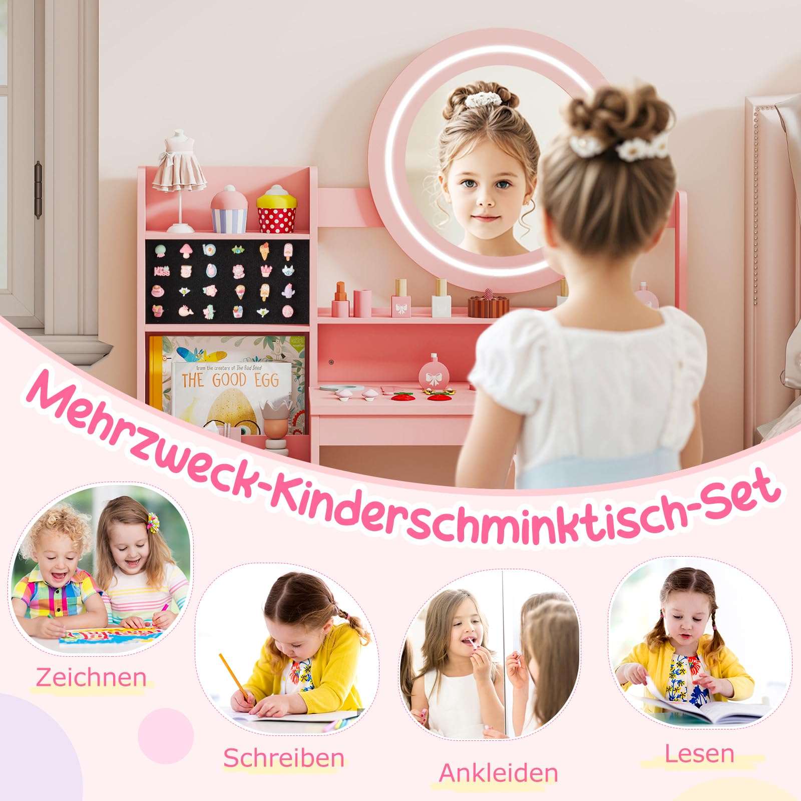 COSTWAY Kinder Schminktisch mit Beleuchtung, Kinderschminktisch mit Spiegel, Regalen & gepolstertem Hocker, Prinzessin Frisiertisch aus Holz, Schminkkommode für Mädchen ab 3 Jahren (Rosa)