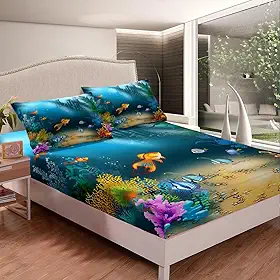 Feelyou Conjunto de lençol infantil com elástico de peixe tropical criatura do oceano conjunto de lençol de cama animal do mar lençóis de mundo subaquático tamanho twin inclui 1 lençol e 1 fronha (sem lençol plano)