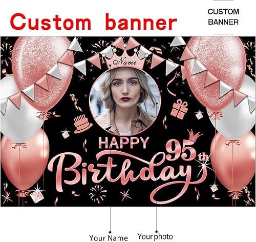 Miniatura 2 de Cartel de feliz cumpleaños 95 de oro rosa con texto en inglés "Happy 95th Birthday", letrero grande de feliz cumpleaños 95 para patio, telón de