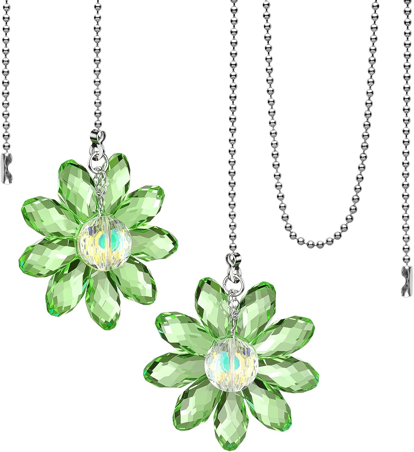 2 Pieces Ceiling Fan Pull Chain, Decorative 1.8" Crystal Glass Flower Pendants Pull Chain Extension with 23" Ceiling Fan Chain Extender and Connector for bedside lamp Table Lamp Light(Green)