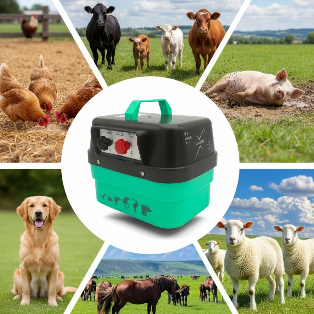 Pastor eléctrico Llampec Mod.24 con batería Recargable 12V – 3,5 J, 10.000 V y 35 km de Alcance – Ideal para Ganado equino, Vacuno, porcino, ovino, Animales Salvajes y Mascotas – Fabricado en España
