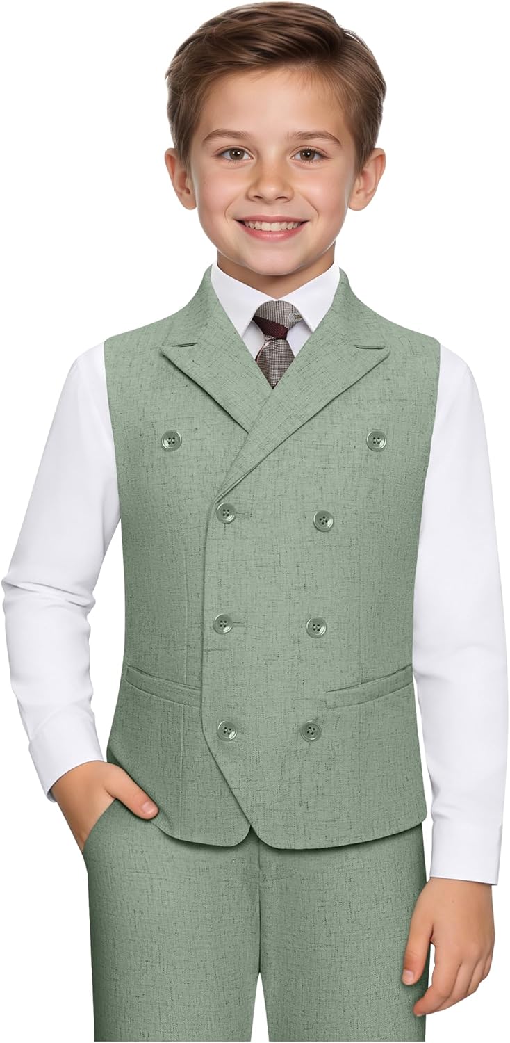 Boys Linen Suit Kids 2 Pieces Formal Suits Beach Summer Casual Wedding Outfit Double Breasted Vest and Pants Set