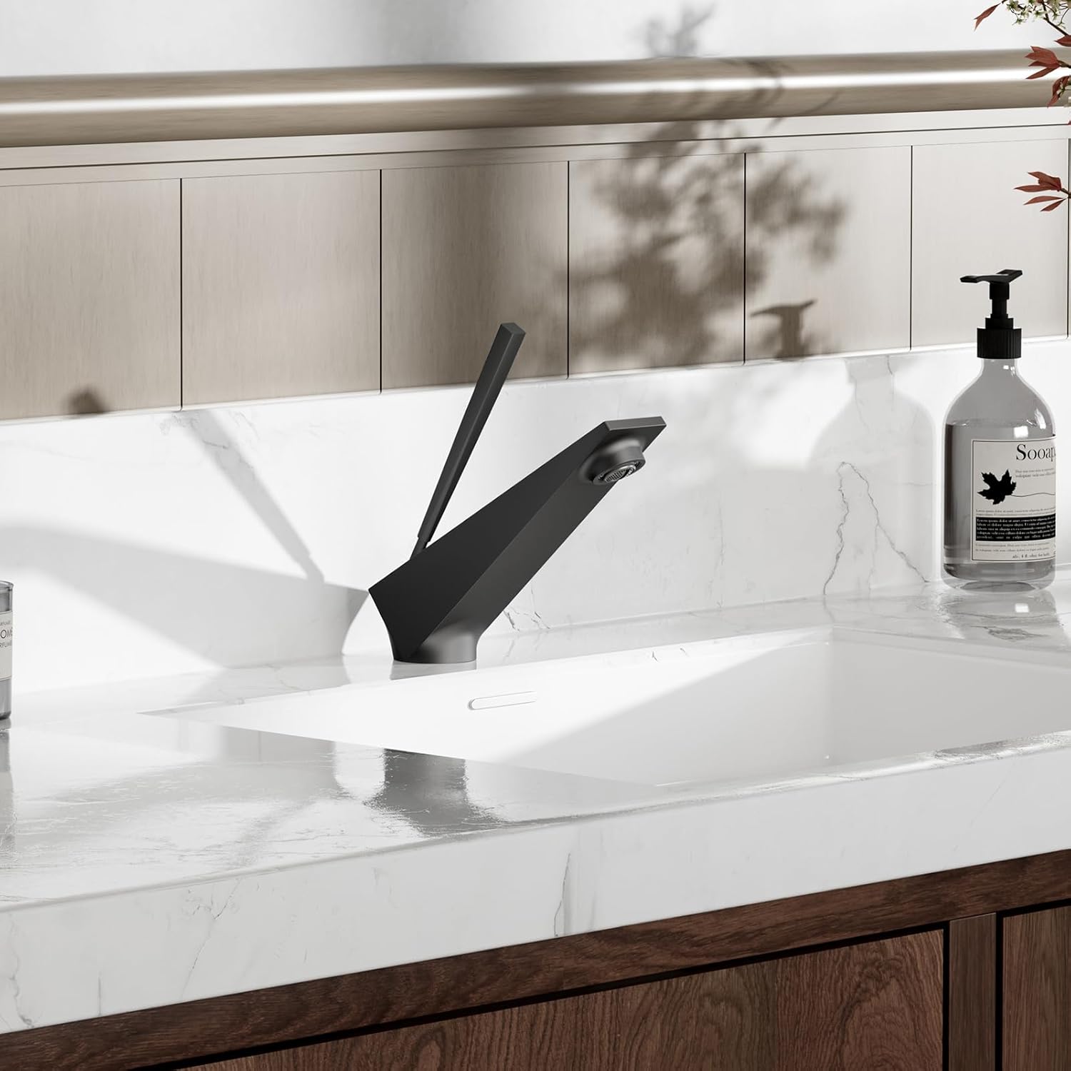 Bathroom Sink Faucet Matte Black, Single Handle Brass Sink Faucet with Unique Design, Single Hole Basin Mixer for Lavatory, Vanity, RV, Modern Farmhouse, Suitable for 1 Hole