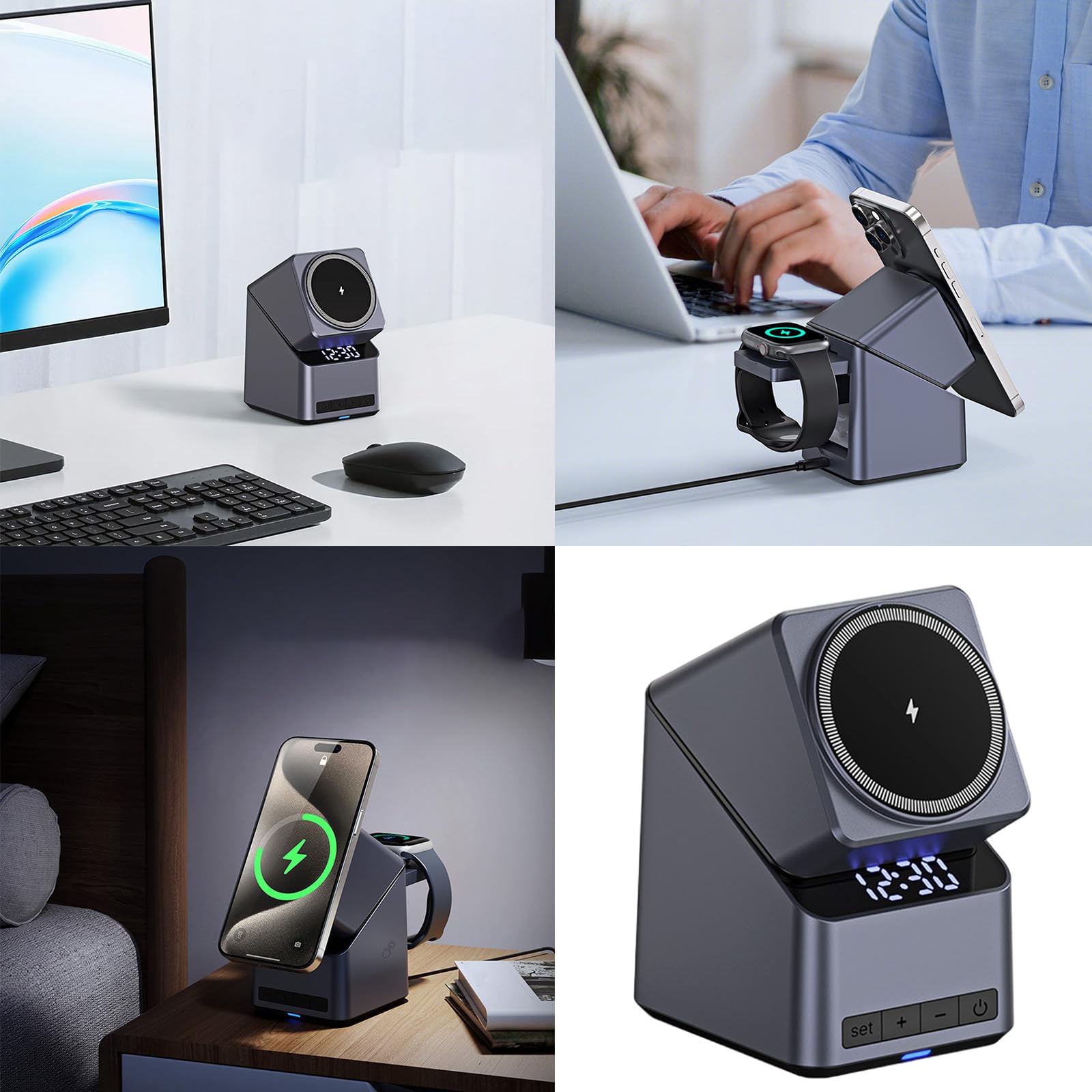 Hub de charge rotatif tactile 15 W pour téléphone portable, écouteurs, montre intégrée, horloge numérique LED intégrée, station de charge multifonction