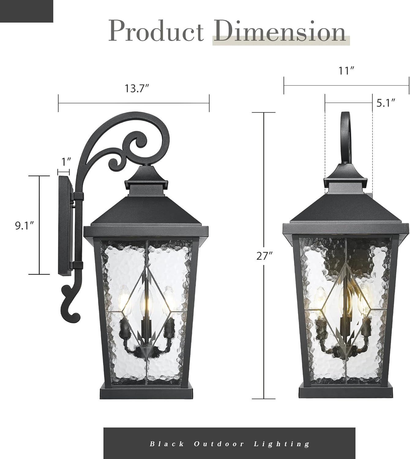 Emliviar Outdoor Light Fixture for Porch, 27-Inch Extra Large Exterior Porch Lantern Light, Waterproof Aluminum Outdoor Wall Sconce in Black Finish, WE301BL-SD BK