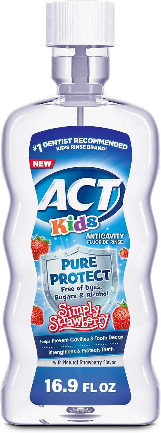 ACT Kids Pure Protect Anticavity Fluoride Mouthwash, Free of Dyes, Sugars & Alcohol, Simply Strawberry, 16.9 fl. oz.