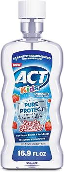 ACT Kids Pure Protect Anticavity Fluoride Mouthwash, Free of Dyes, Sugars & Alcohol, Simply Strawberry, 16.9 fl. oz.