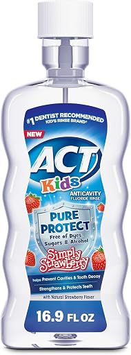 ACT Kids Pure Protect Anticavity Fluoride Mouthwash, Free of Dyes, Sugars & Alcohol, Simply Strawberry, 16.9 fl. oz.