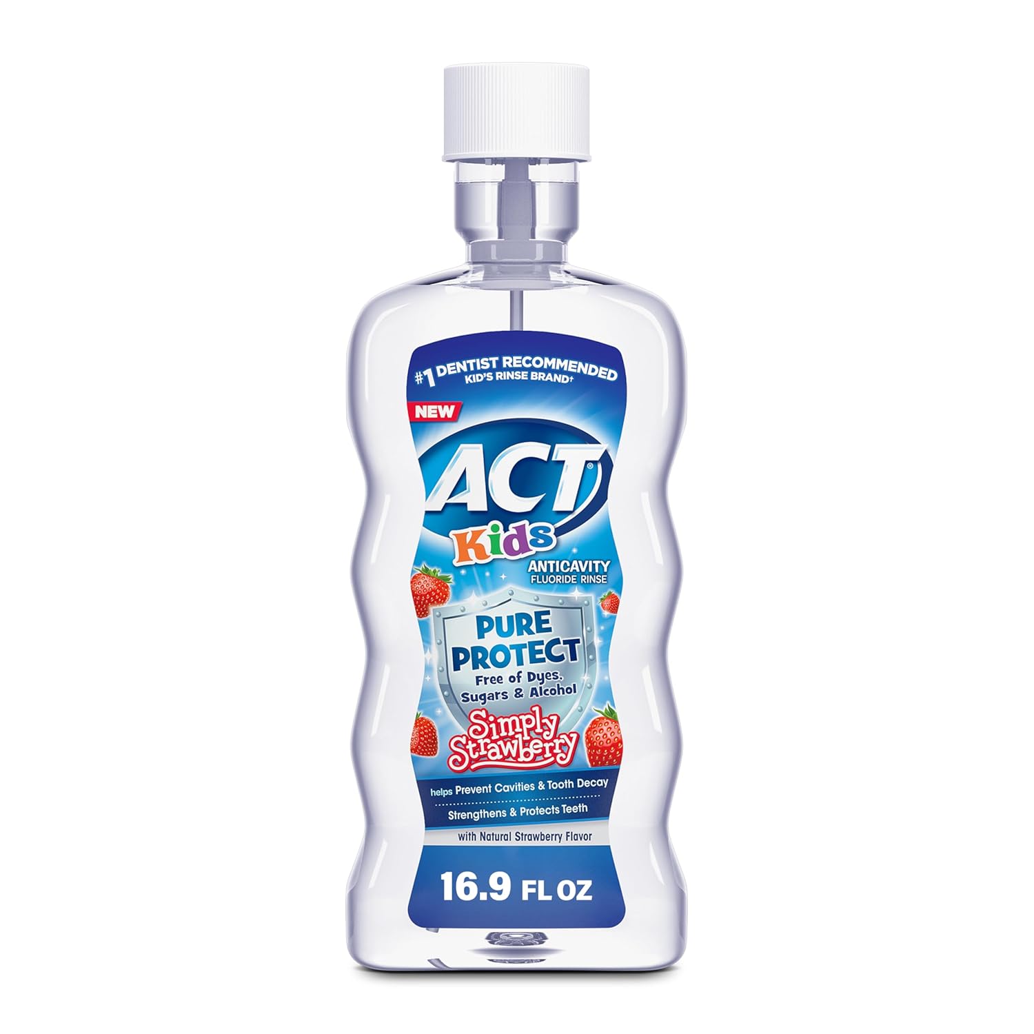ACT Kids Pure Protect Anticavity Fluoride Rinse, Natural Strawberry Flavor Without Sugar, Free from Dyes & Alcohol, 16.9 fl. oz
