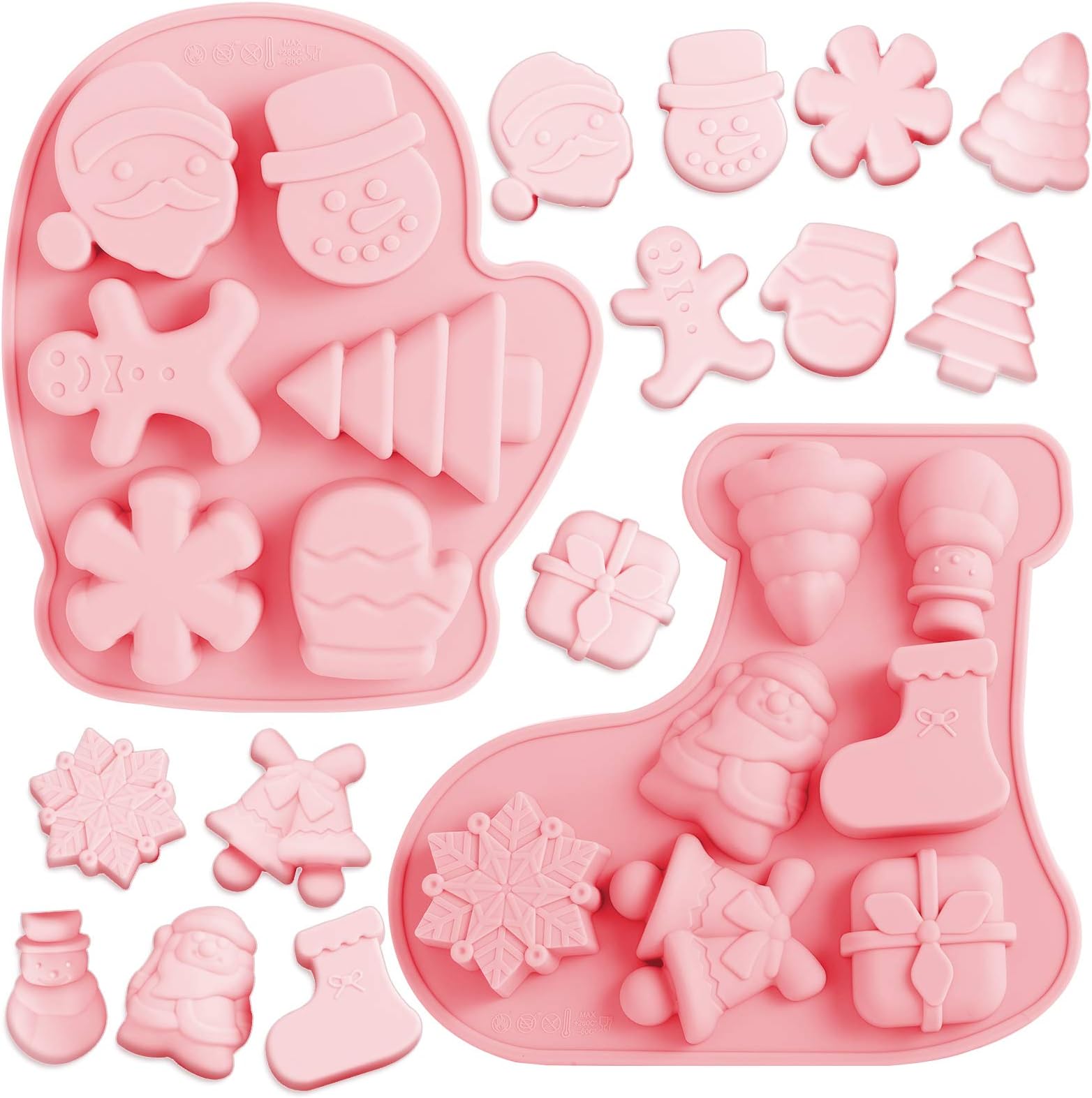 Whaline 13 Designs Christmas Silicone Molds Xmas Stocking & Glove Shapes Chocolate Molds Santa Claus Snowflake Tree Bell Candy Mold for Ice Cube Jelly Cake Pudding Fondant Xmas Party Supplies, 2Pcs