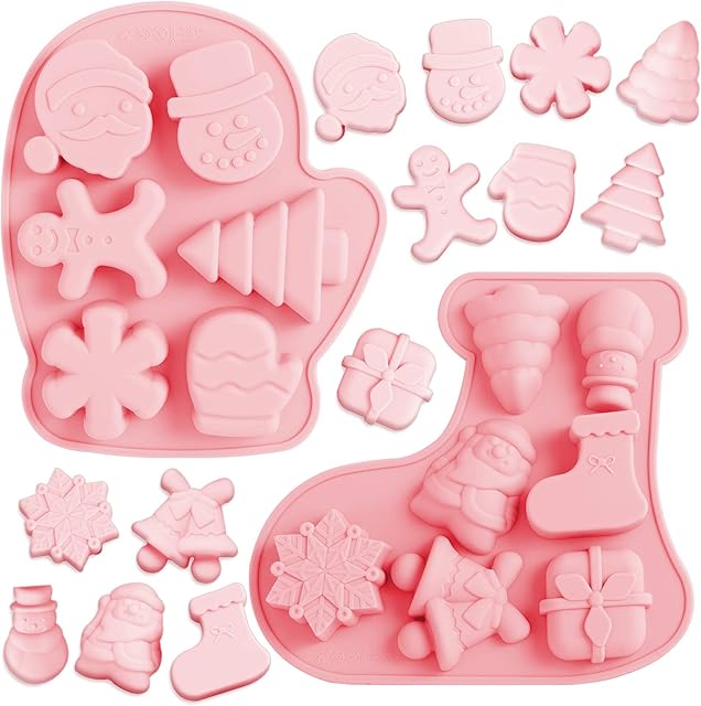 Whaline Christmas Silicone Baking Mould Chocolate Candy Mold Non Stick for Ice Cube Jelly Cake Pudding Fondant, Santa Clause Snowflake Xmas Tree Bell Stocking Pattern, Christmas Party Supplies
