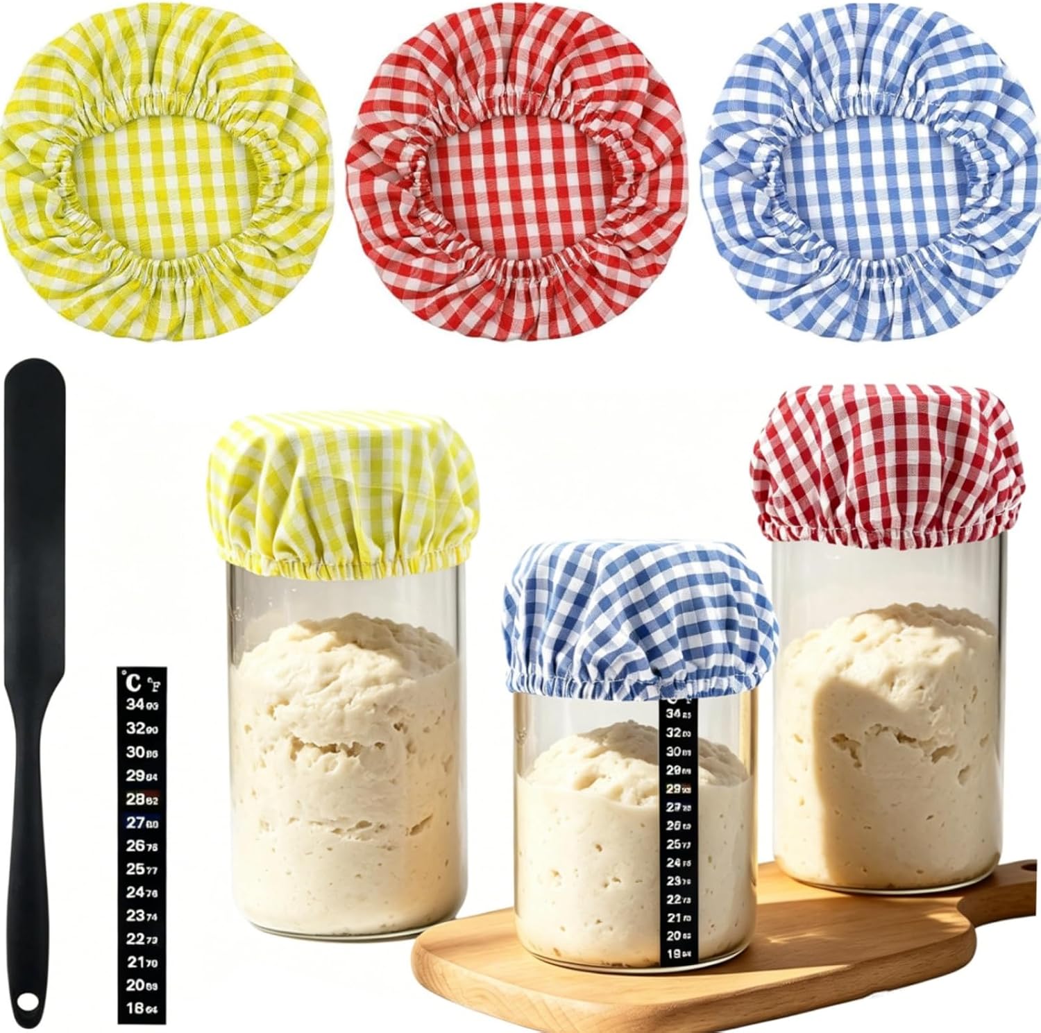 5-Pack Sourdough Starter Jar Covers Kit, 3 Colorful Linen Cloth + Dough Scraper + Temperature Strip, Unbleached Reusable Fermentation Cover for 3‑4 Inch Mason Jars, Sourdough Bread Baking Supplies