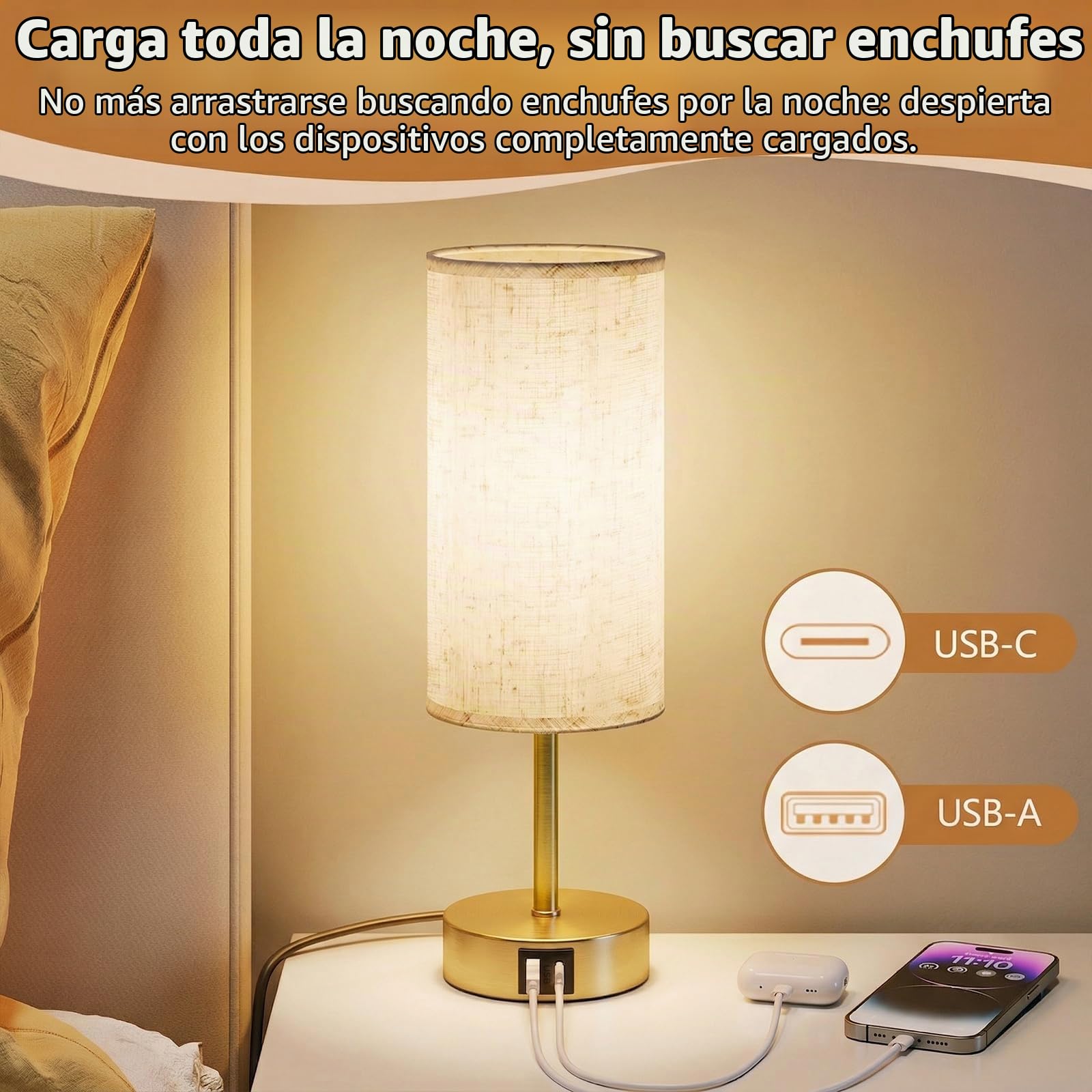 2 Unidades Lámparas de Mesita de Noche Control Táctil, con Carga | Lámpara de Mesa con Puertos USB-A y USB-C, Regulable en 3 Niveles, Pantalla de Lino, Cable de 1,5 m, E27 Incluida, Dorado