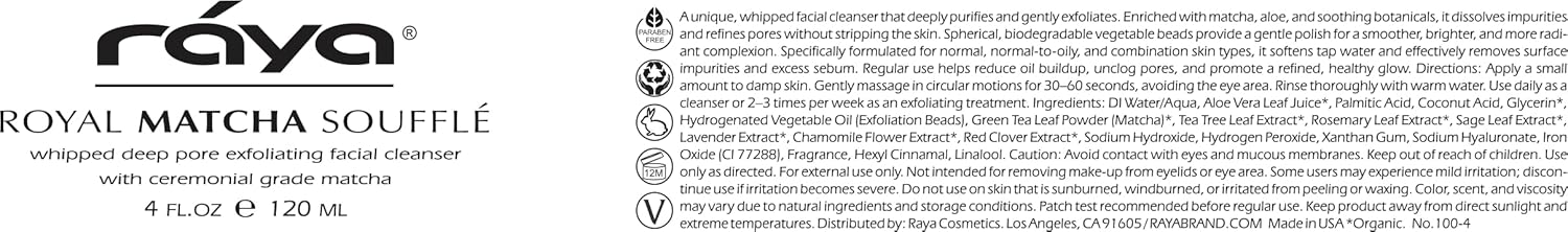 Raya Royal Matcha Soufflé Facial Cleanser (100) | Exfoliating Face Wash for Oily and Combination Skin | Helps Clear Clogged Pores and Smooth Complexion