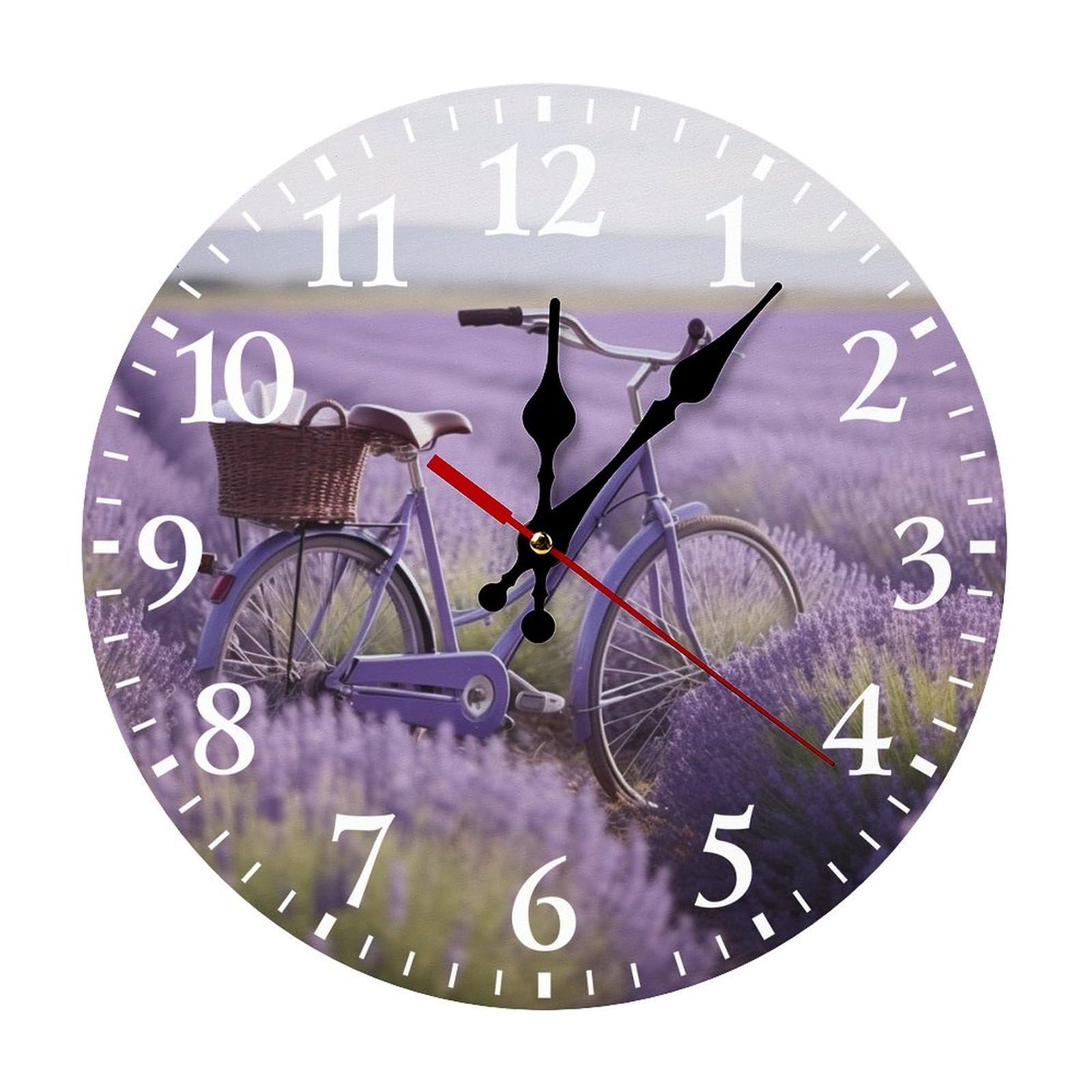 NTVOWPZO 10 Inch Wall Clock Lavender Field Bike Battery Operated Wall Clocks Silent Non-Ticking Round Wall Clock for Living Room Kitchen Home Office Wall Decorative Clock