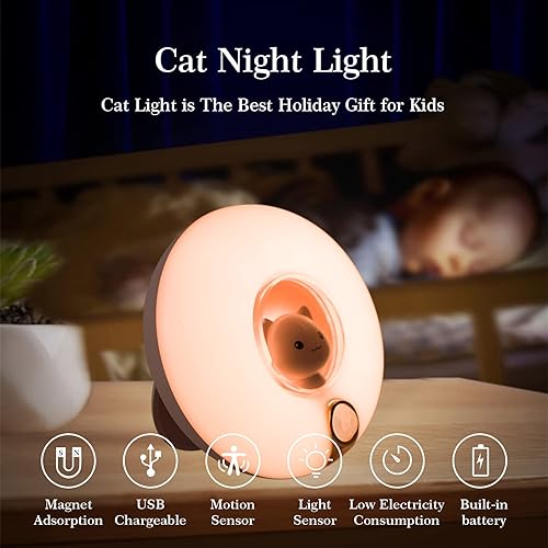 Miniatura 2 de Luz nocturna de gato rosa, luz con sensor de movimiento, luz nocturna magnética recargable inalámbrica para niños, lámpara de gato de brillo