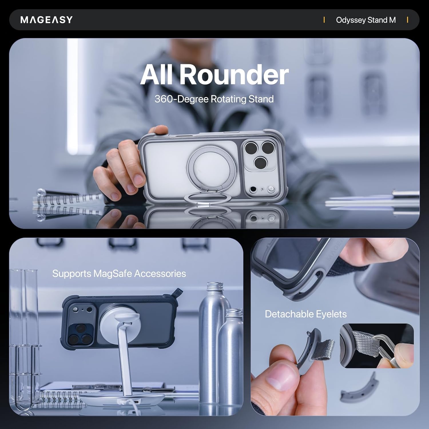 MAGEASY Compatible with iPhone 17 Pro 6.3" Case with 360° Rotatable Stand - 20ft Ultimate Drop Protection, Compatible with MagSafe, Embedded Aluminum Frame | Odyssey Stand M (Mist)