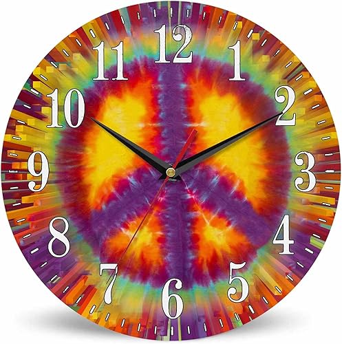 Mxocom Reloj de pared con signo de paz de teñido anudado, abstracto, colorido, vibrante, símbolo hipple de 10 pulgadas, silencioso, sin tictac,