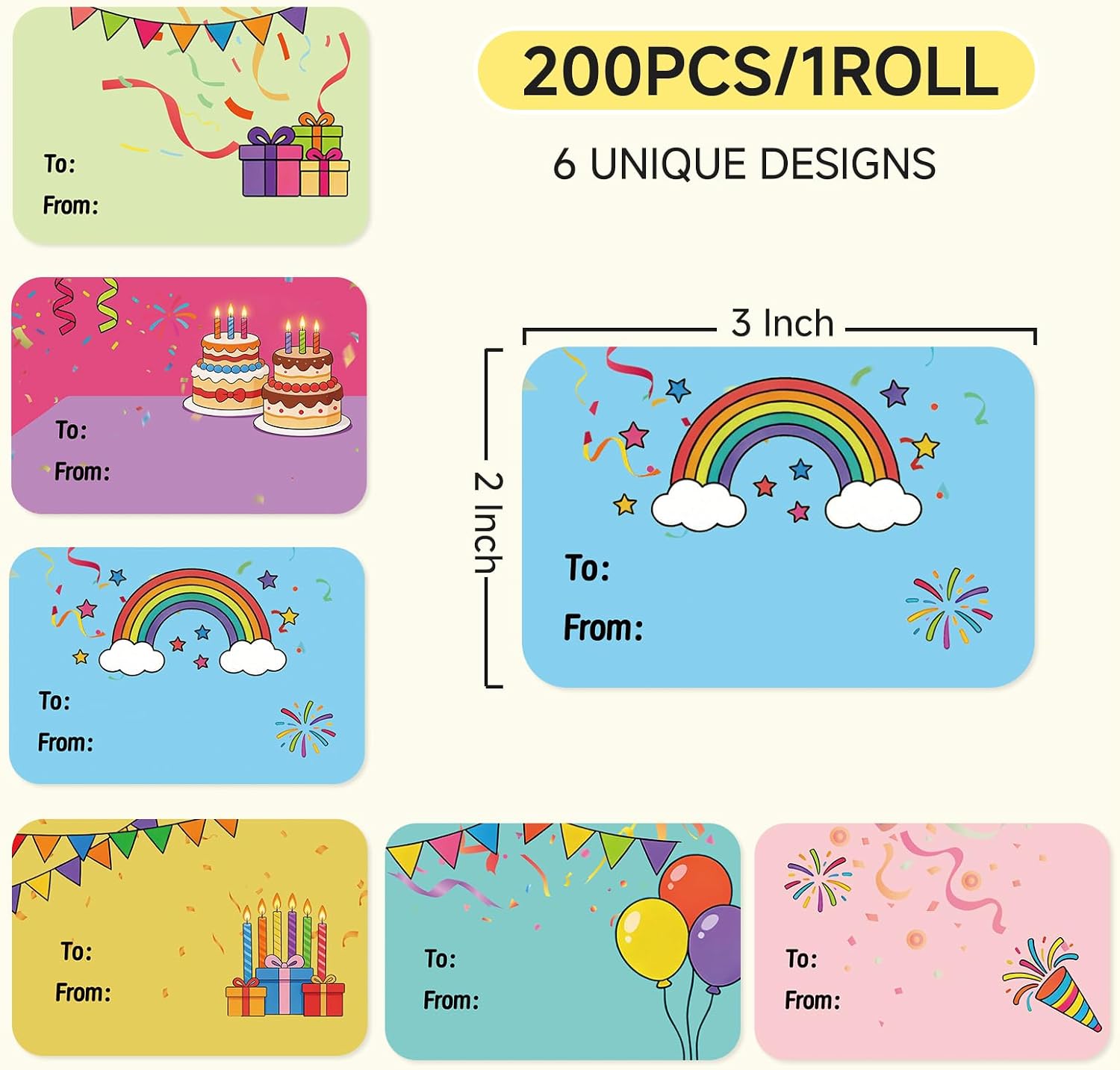 Trazzo Gift Tag Stickers Self-Adhesive Gift Name Tags with 6 Cute Designs for Birthday Gifts, Holiday Wrapping, Classroom Favors and Everyday Gifting, 200PCS to from Gift Label Stickers