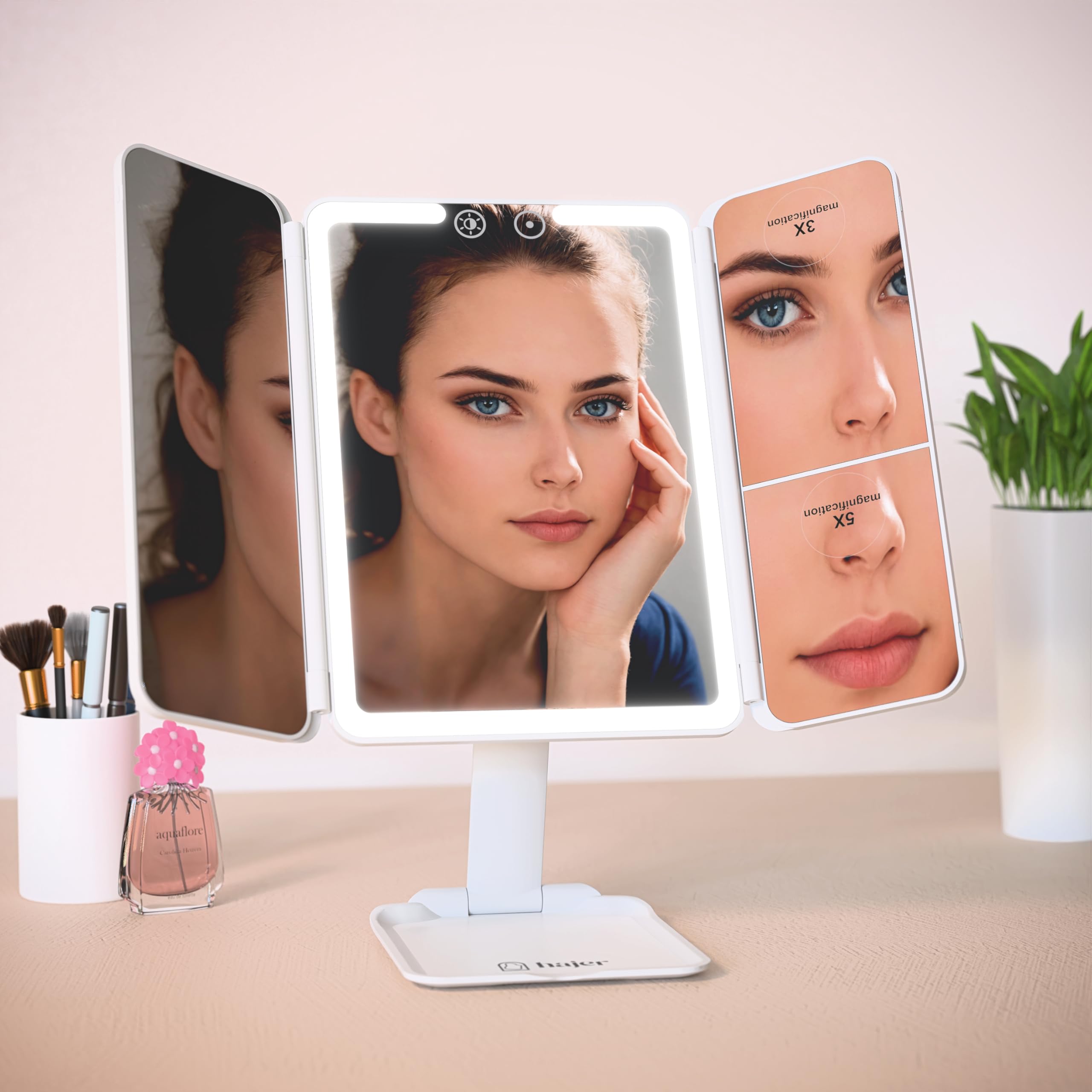 hajer Miroir Maquillage Lumineux à LED + Pochette de Transport, Grossissant 1X/3X/5X, 3 Modes éclairage, Tactile et Rechargeable USB-C avec Batterie en Lithium. Miroir Portable et Pliable de Voyage.