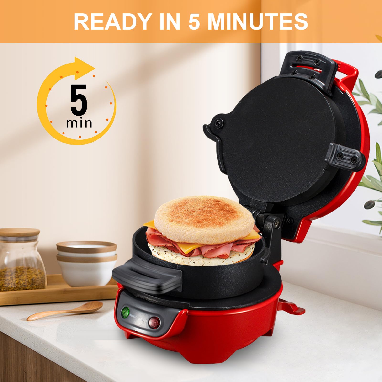 Sandwich Toaster Burger Maker, Effiziente Antihaft Heizplatten, mit Eierringe und Zeitschaltuhr, Spülmaschinenfest, Perfekt Für Hamburger, Waffeln Snacks Und Ein Schnelles DIY (Red)
