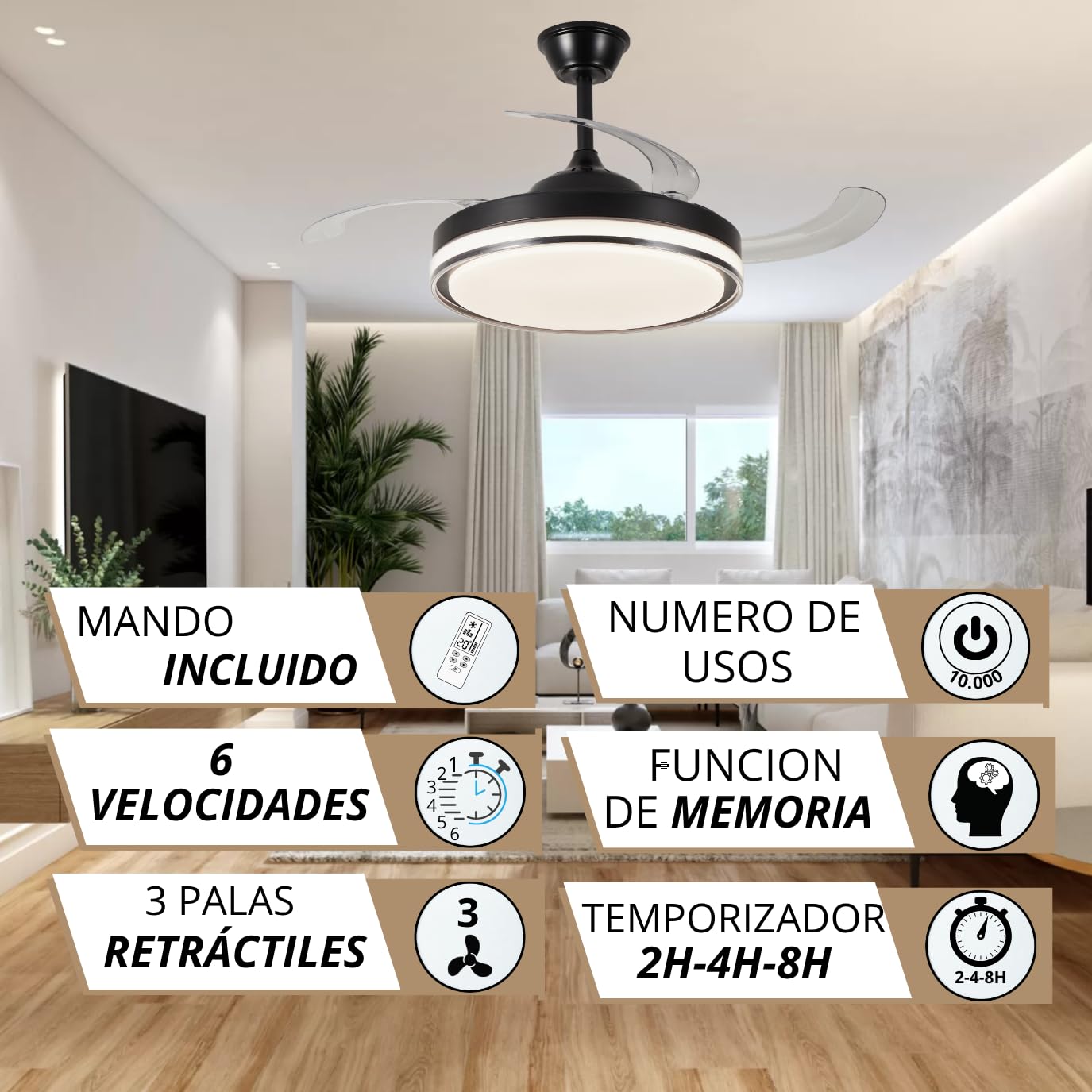NARVI Ventilador de Techo Negro con Luz LED Regulable, Motor DC 30W Silencioso, Lámpara Ventilador con Mando a Distancia, 3 Aspas Retráctiles, Función Invierno Verano, LOVANIA 1576 BK - 45W
