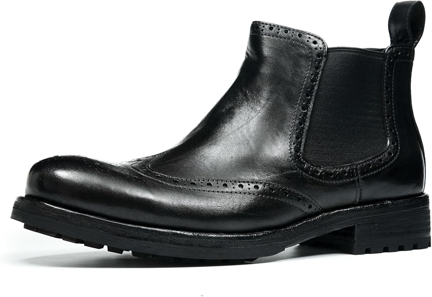 Men’s Full-Grain Cowhide Chelsea Boots Handcrafted Leather Pull-On Boots with Wingtip Medallion & Elastic Gore M30H-3