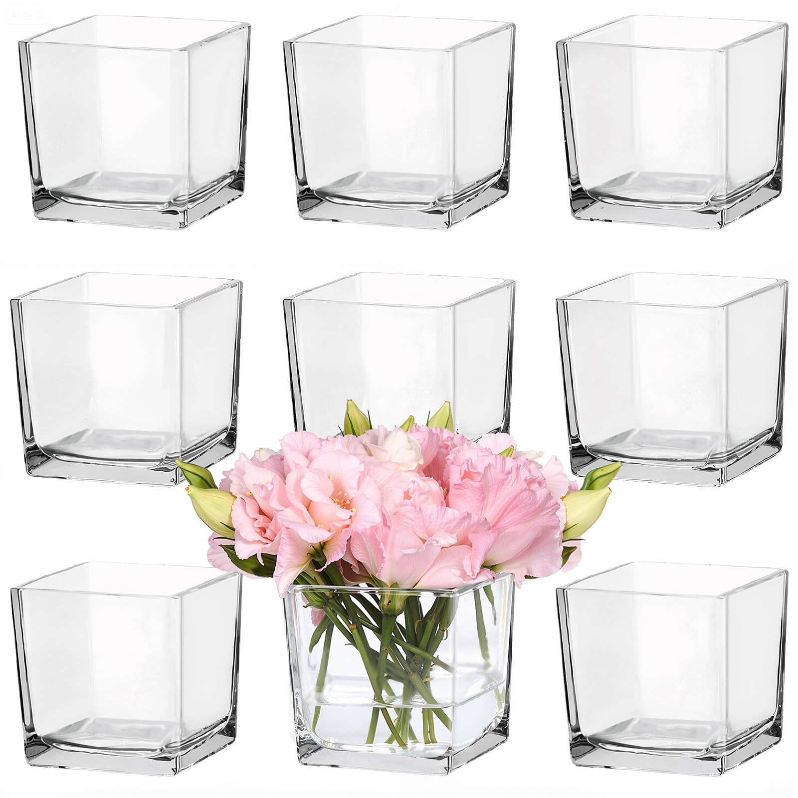 CONNOO 9 Pack Square Glass Vase 4" x 4" x 4", Clear Bulk Flower Vases for Centerpieces, Square Glass Cube Vase Floating Candle Holders for Wedding