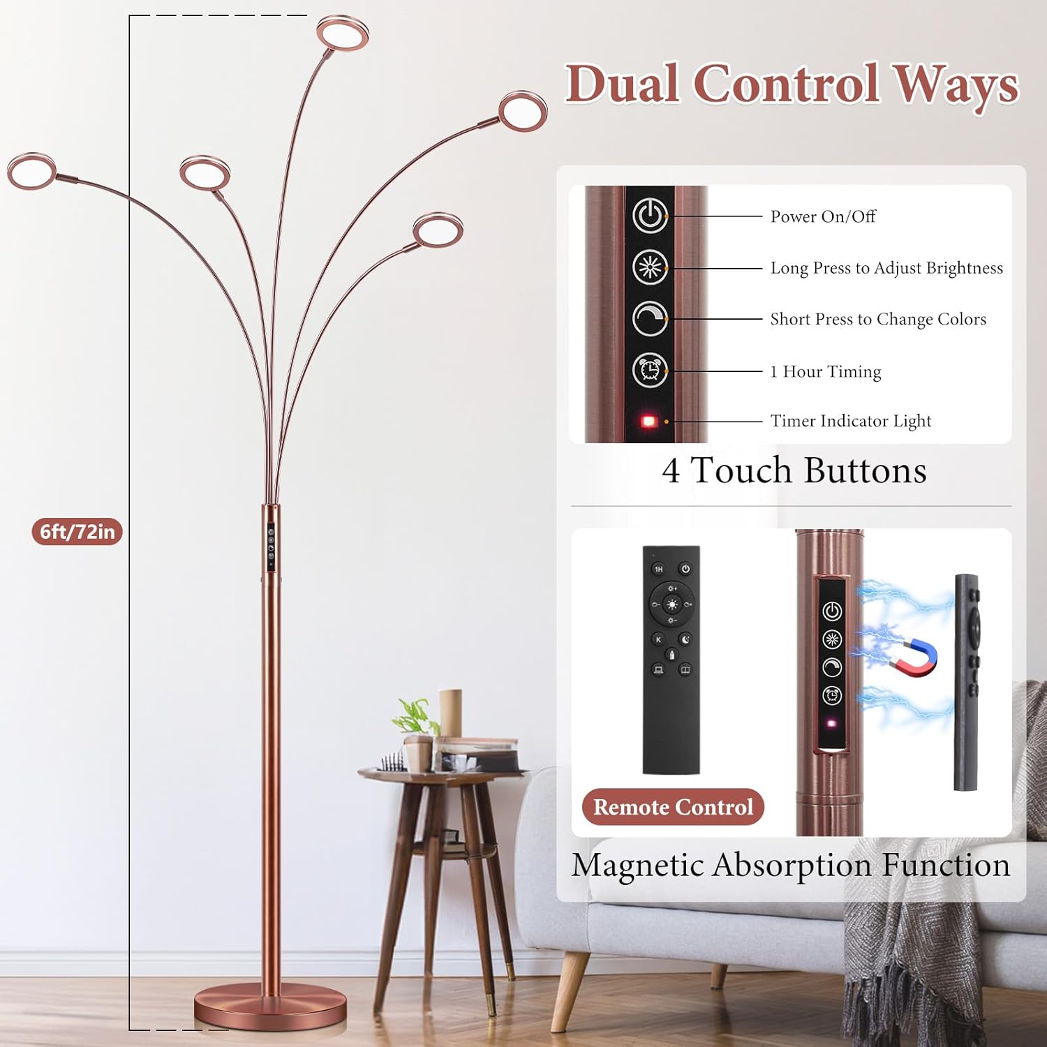 Bairth LED Arc Floor Lamp with Remote, 2250LM Dimmable Floor Lamp with Timer, Adjustable Colors, Brightness & 5 Adjustable Arms, Tall Standing Lamp for Living Room Bedroom, Oil-Rubbed Bronze