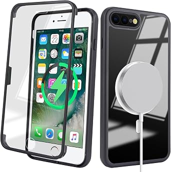 for iPhone 8 Plus/ 7 Plus Case with Screen Protector, Black | Compatible with Magsafe, for iPhone 7 Plus Case Built in Screen Protector, Slim Protective Shockproof Phone Cover