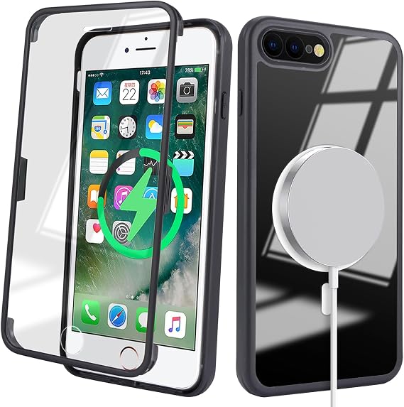for iPhone 8 Plus/ 7 Plus Case with Screen Protector, Black | Compatible with Magsafe, for iPhone 7 Plus Case Built in Screen Protector, Slim Protective Shockproof Phone Cover