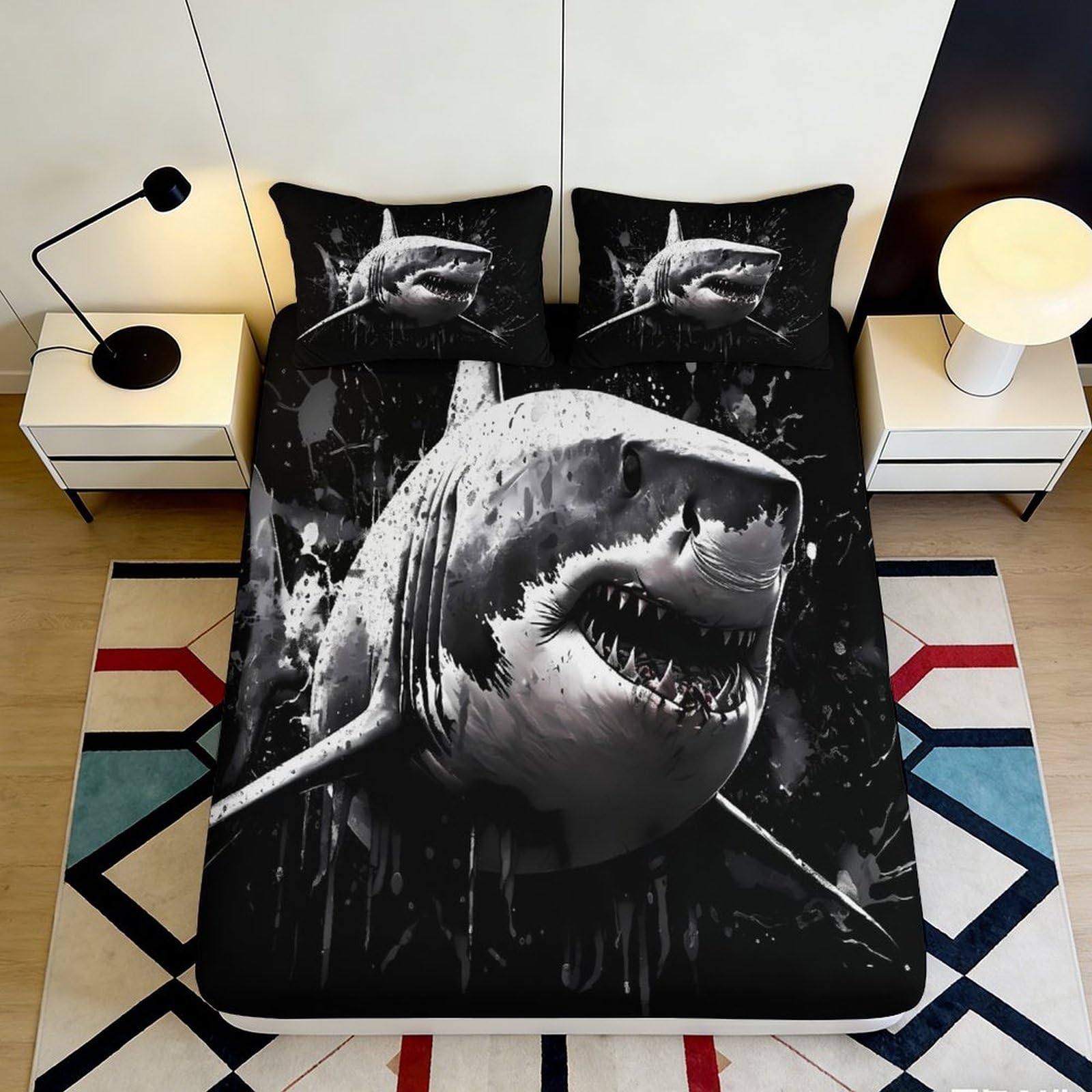 3D Printed Shark Splash Fitted Sheet Microfiber Black Ocean Predator Bed Cover for Bedroom Guest Room Decor 120x200cm 160x200x25cm