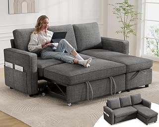 Sunny Heart Sleeper Sofa Bed, 2 in 1 Pull Out Couch with Reversible Storage Chaise, Sectional Sofa Couch Bed with Side Pockets, Comfy L Shaped Modular Couches for Living Room Apartment (Dark Grey)