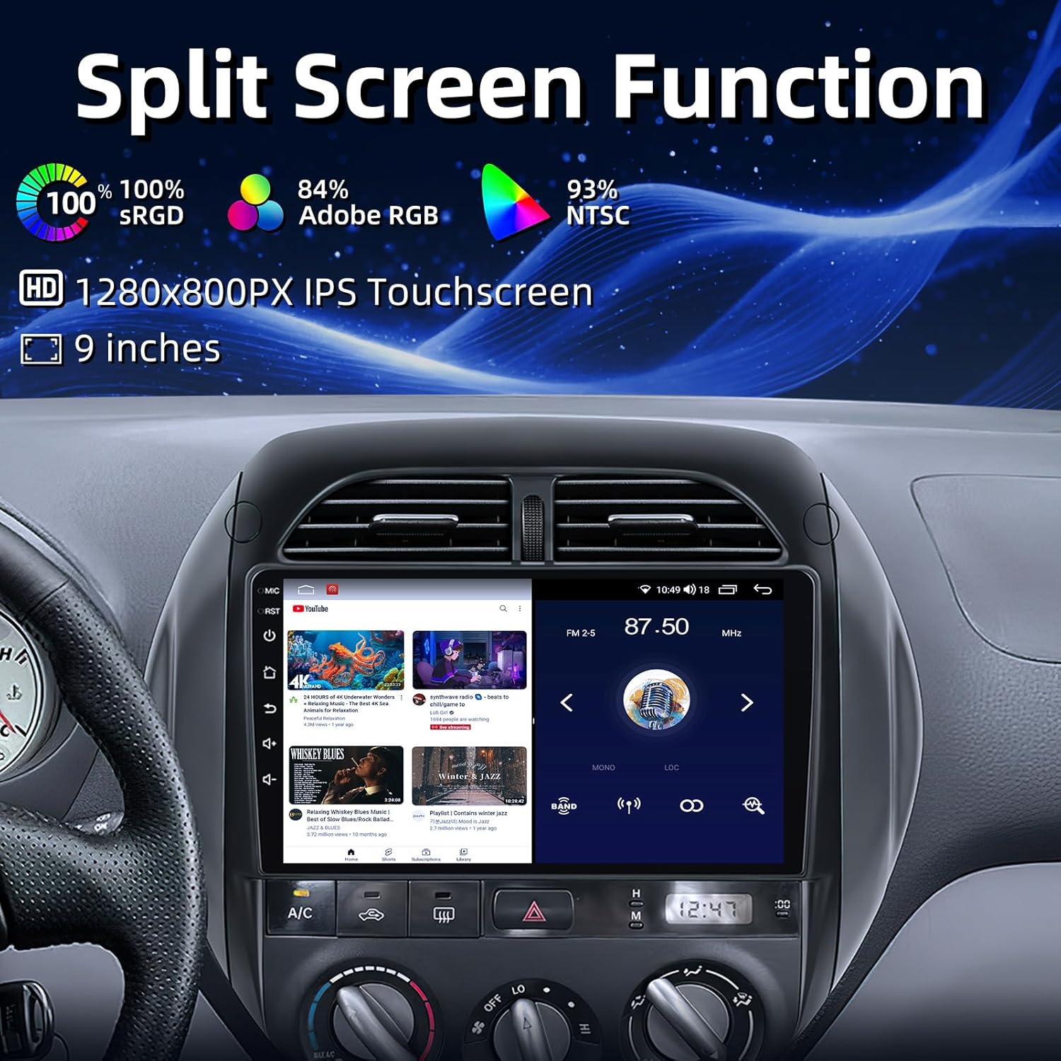 Car stereo display showing split-screen functionality with high resolution and color accuracy details.