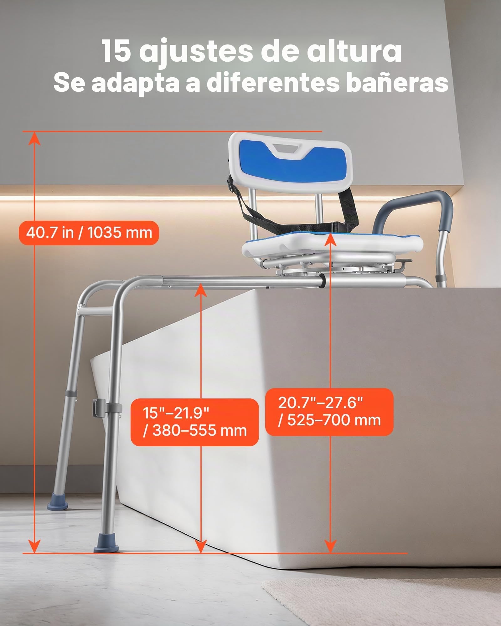 VEVOR Silla de Ducha con Asiento Giratorio, Asiento de Bañera Deslizante Carga de 180 kg, Banco de Transferencia de Bañera con Brazos y Respaldo, Ajuste de Altura 15 Niveles, para Personas Mayores