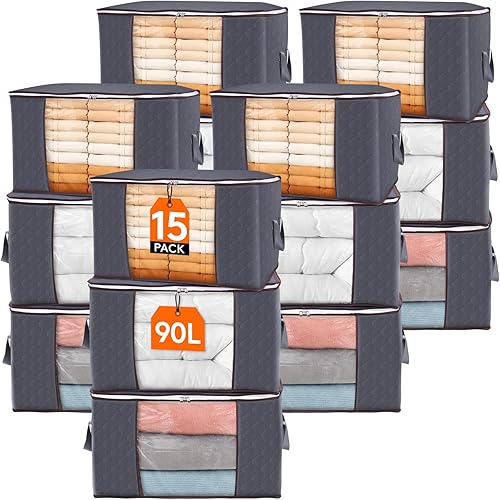 Miniatura 18 de Lifewit Bolsa de almacenamiento de ropa plegable, organizador de armario con asa reforzada, tela resistente, ventana transparente para suéteres, Gris