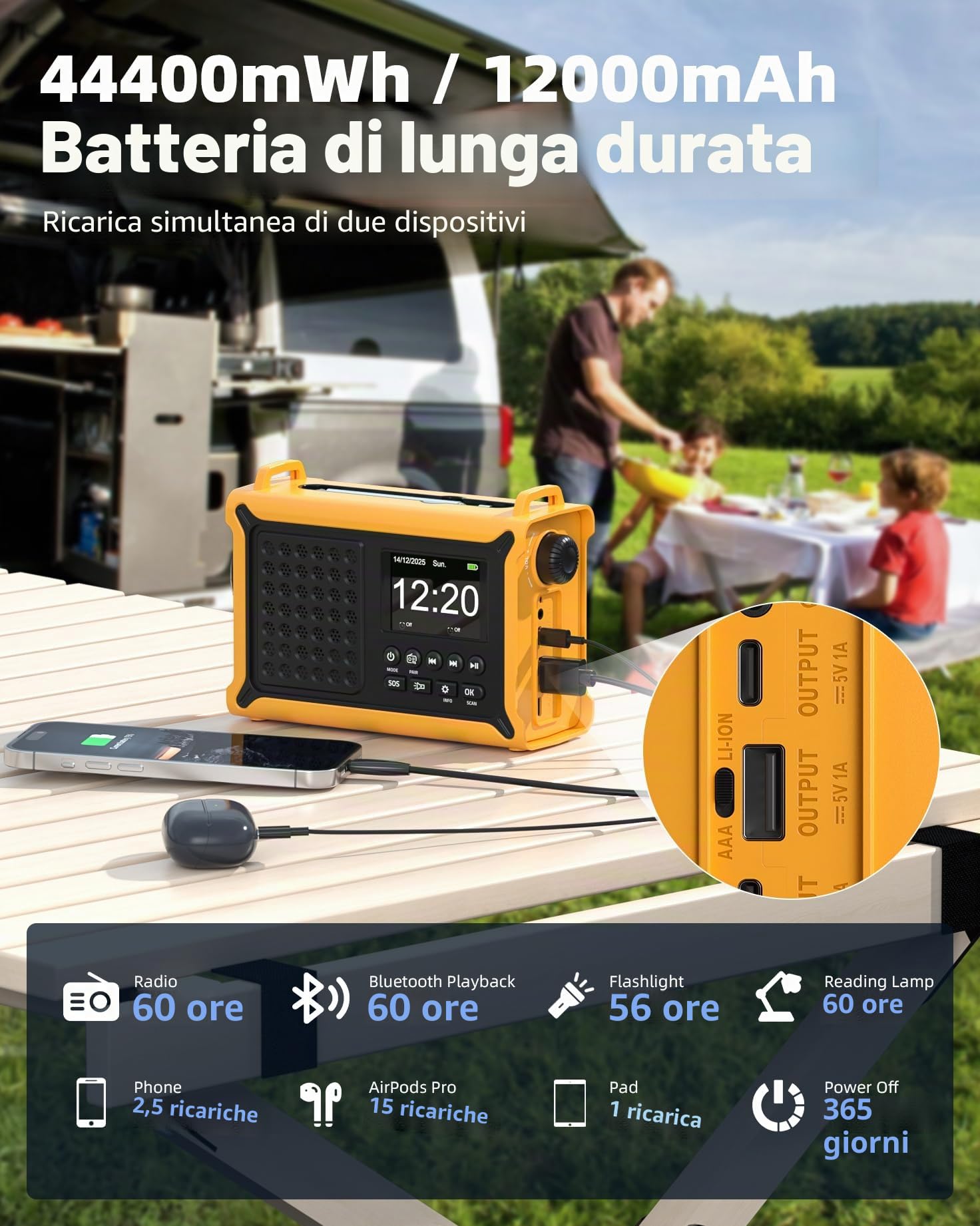 Radio a manovella da 12000 mAh, DAB+/FM, radio di emergenza con pannello solare da 8500 mm² e dinamo a manovella da 650 mA, radio solare con Bluetooth 5.0, torcia e caricabatterie, USB, SOS, radio