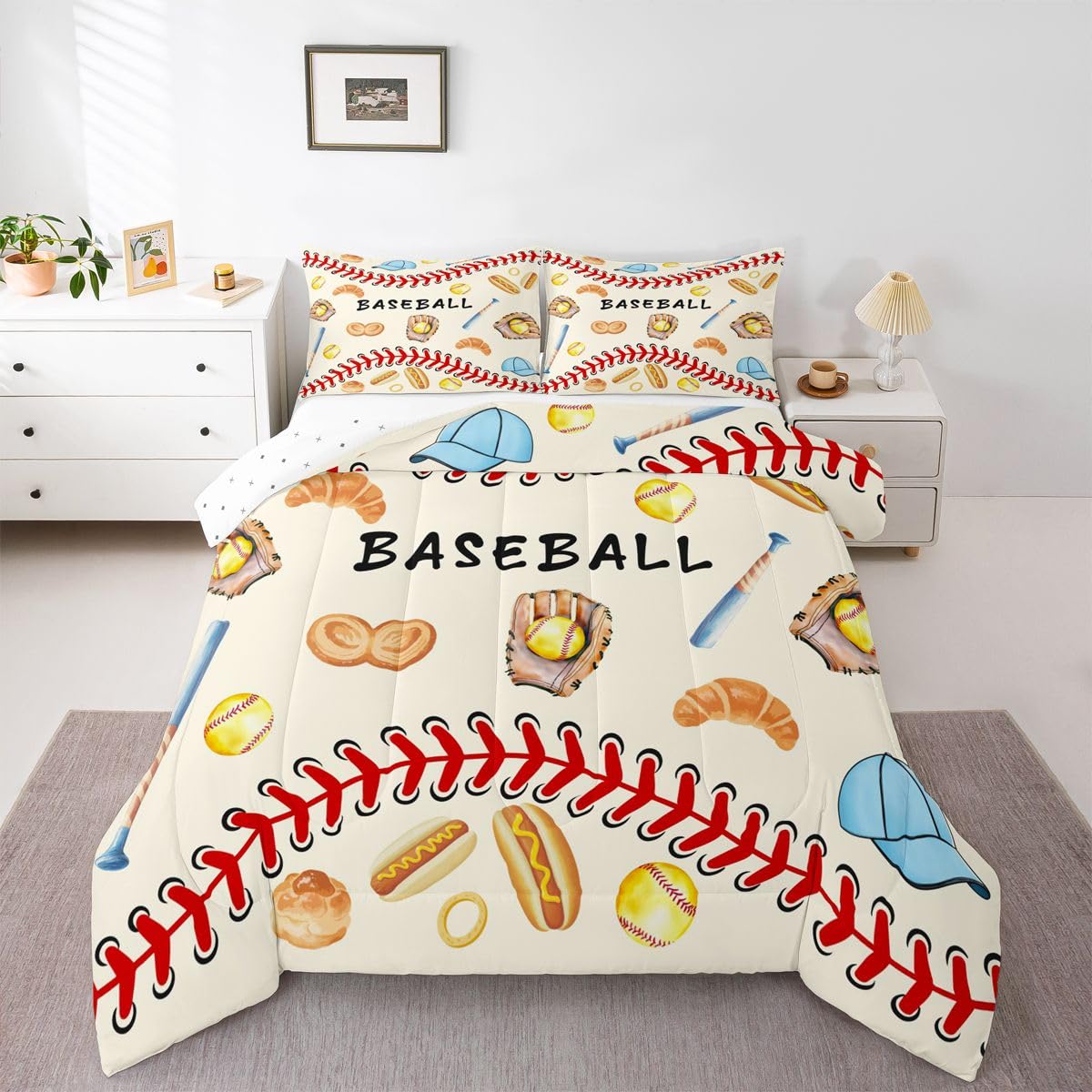 Funda nórdica béisbol individual que no pierde color para cama vintage crema