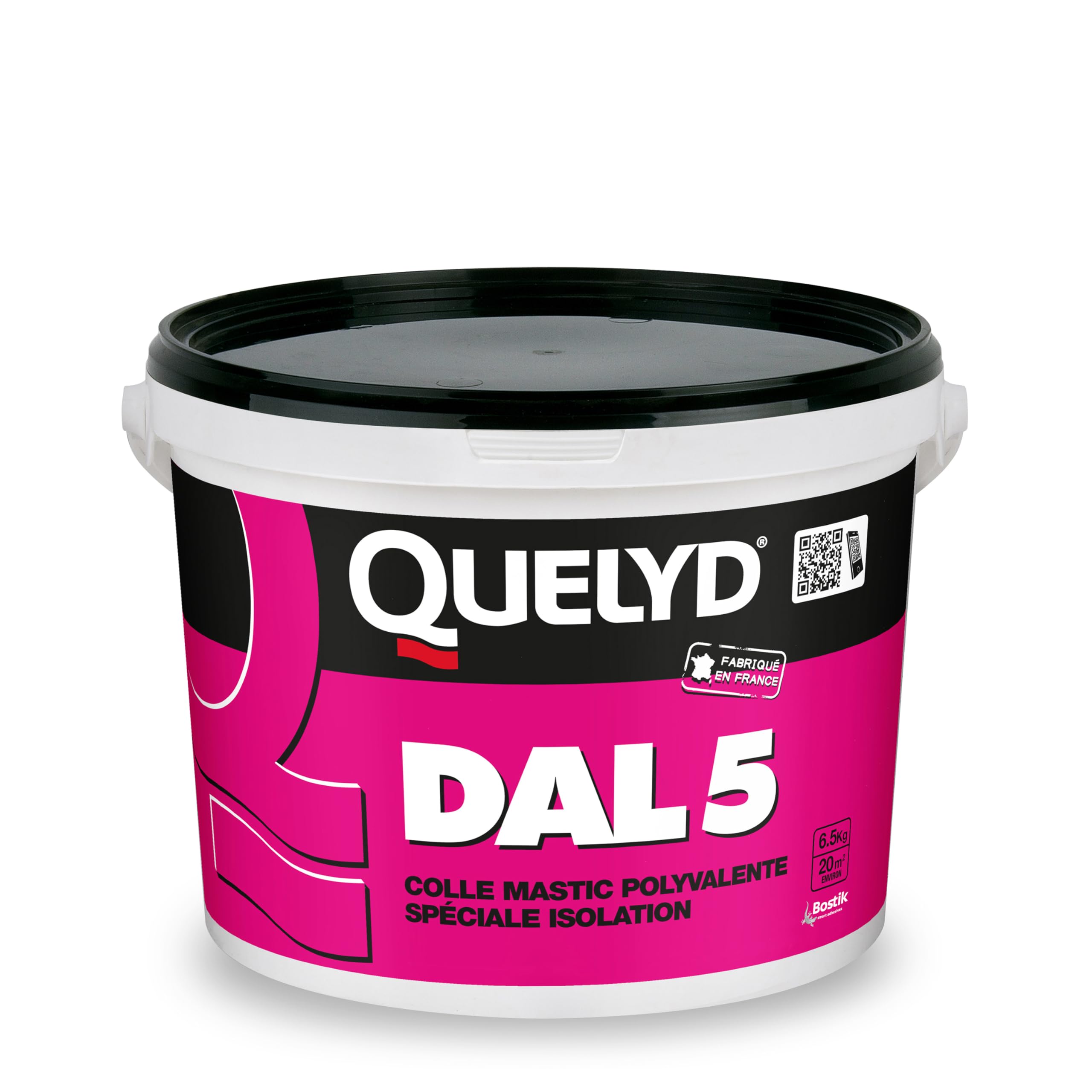 Quelyd DAL 5 – Colle Polyvalente Spéciale Isolation – Haute Adhérence, Sans Coulure, Pour Revêtements Muraux épais, Polystyrène, Liège – Intérieur, Pièces Humides – Sceau de 6.5 kg