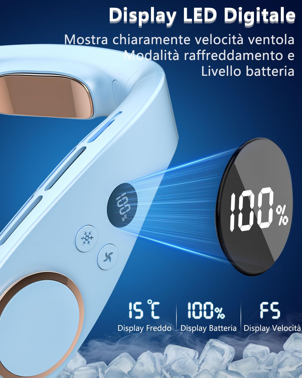 Ventilatore da Collo Silenzioso, Condizionatore Personale Portatile Neck Fan con 5 Velocità, Batteria 5500mAh Autonomia 15 Ore Display LED Silenzioso, per Lavoro, Relax, Attività all'Aperto e Viaggi