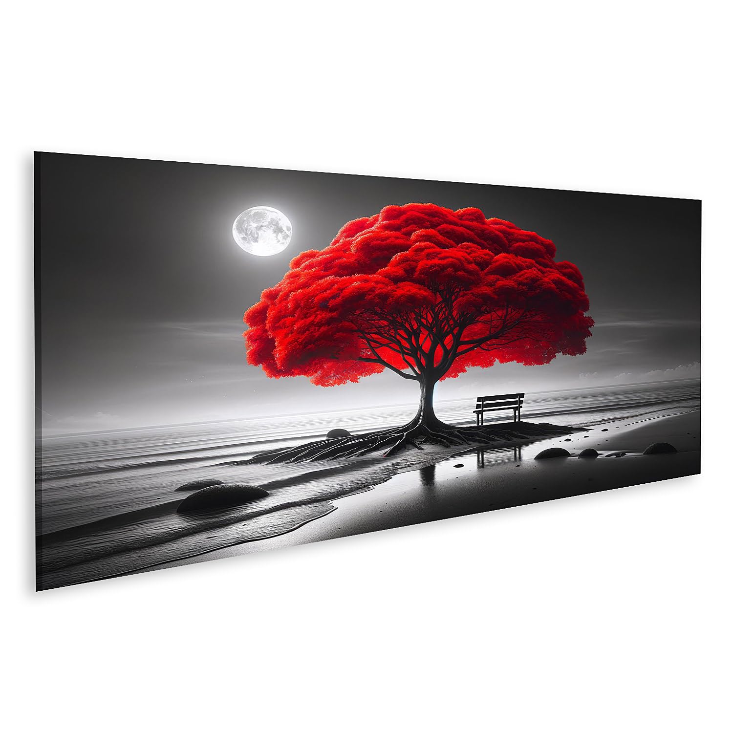 islandburner Primer cuadro sobre lienzo árbol rojo brillante en una playa monocromática con luna cuadros murales póster