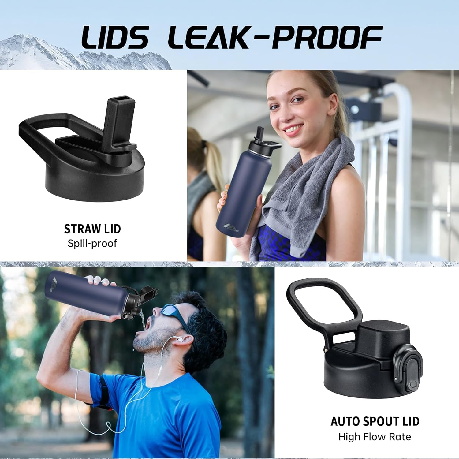 StarSpeed 40oz Insulated Water Bottle with Straws & 2 Lids, Stainless Steel Double Walled Vacuum Water Flask, Wide Mouth Sports Water Bottle for Gym Camping Hiking, Navy Blue - Image 4