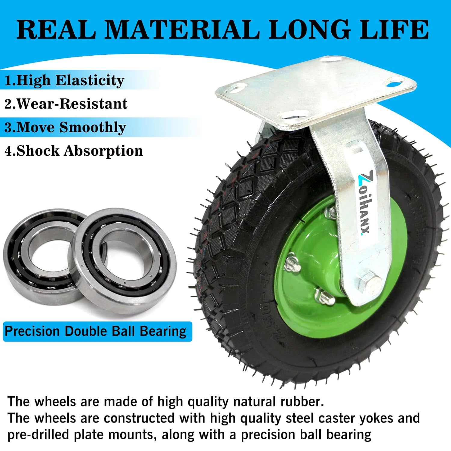 8 Inch Heavy Duty Casters Pneumatic Caster Wheels Set of 4 (2 Swivel & 2 Fixed), with A Carrying Capacity of Up to 440 Lbs,Rubber Knobby Tread for Workbench, Cart, Trolley,Wagon and Shelves