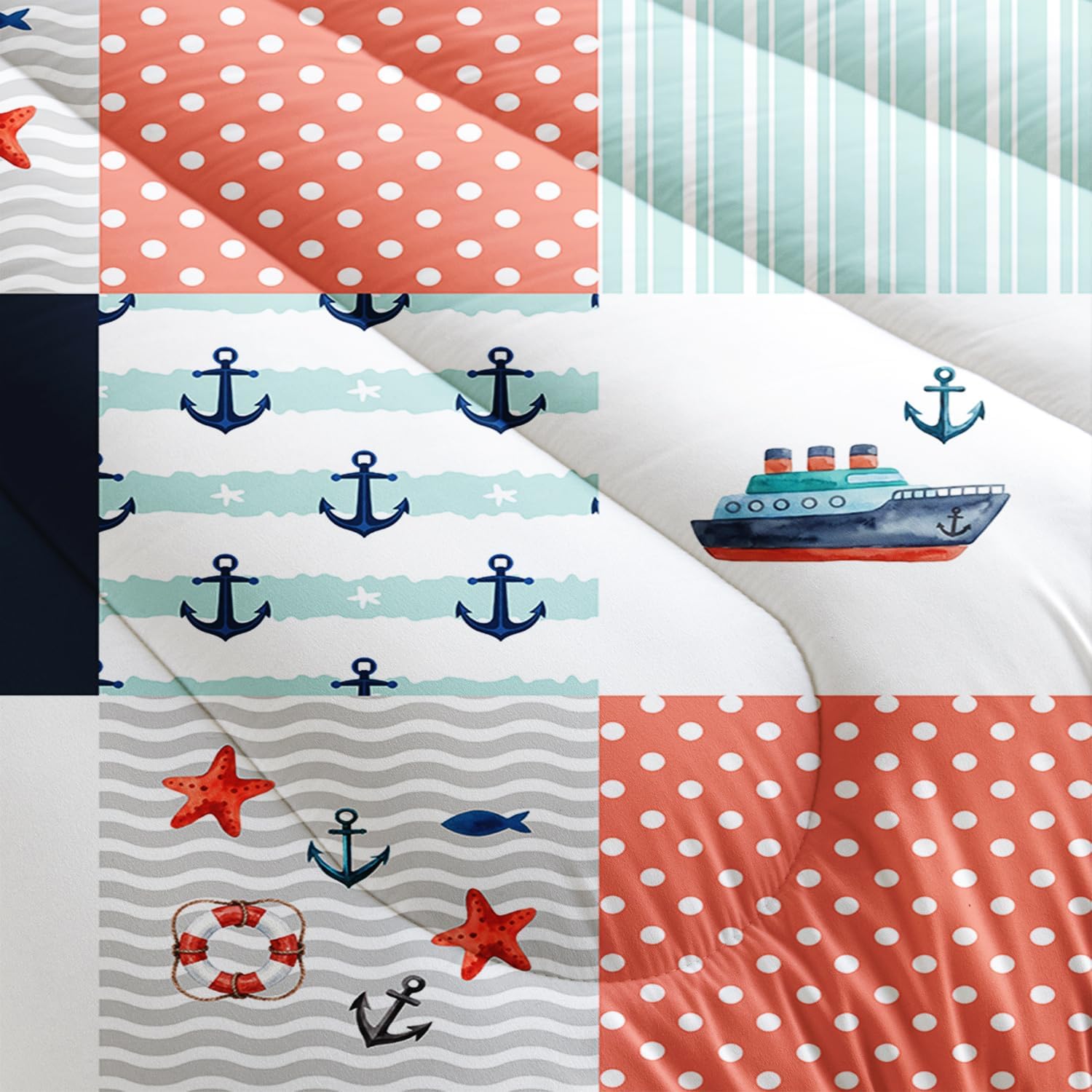 HOSIMA Nautical Bedding Set,Plaid Patchwork Pattern Hand Painted Seaplane,Boat and Anchor Comforter for Boys Kids Girls Bedroom Decor,Sea Adventure Theme Twin Comforter with 2 Pillowcases.