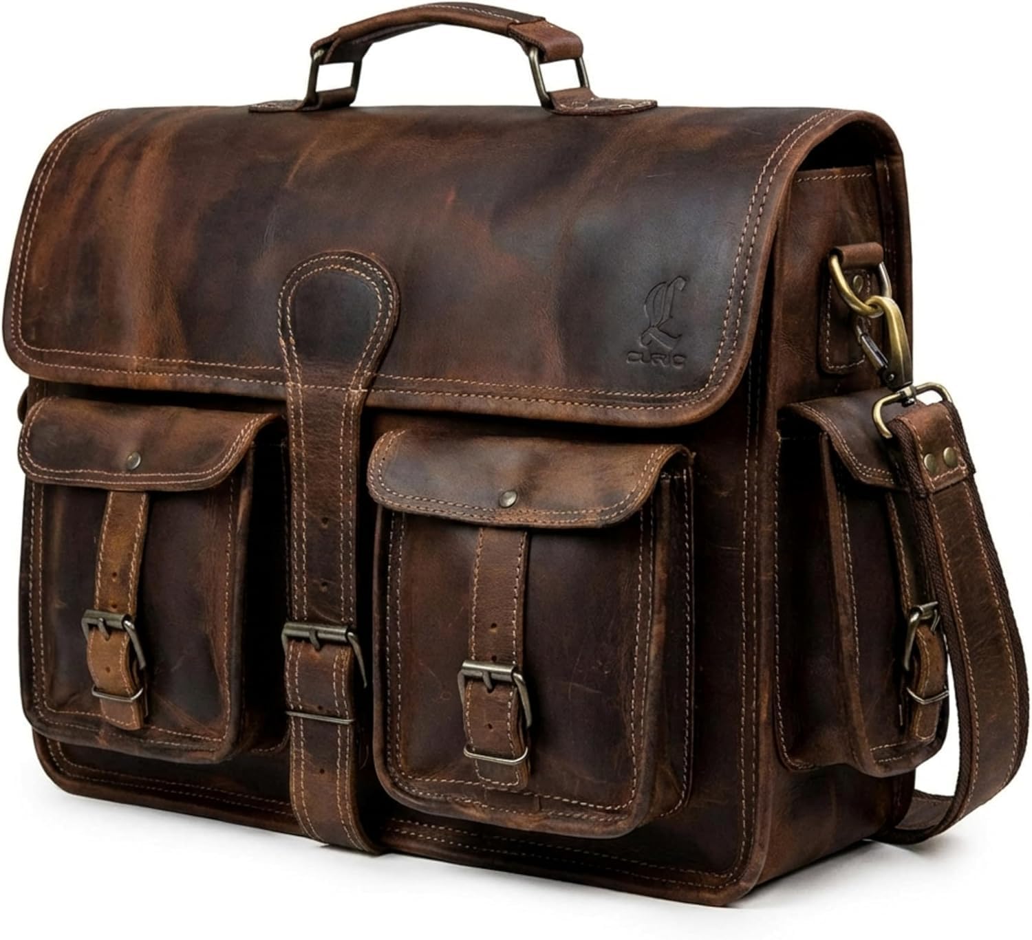 Leather Briefcase Work Bag for Men Women Dark Brown Crossbody Genuine Leather Satchel Office Bag for Men Women 18 Inch Computer Travel Messenger Laptop Shoulder Bag Cureo