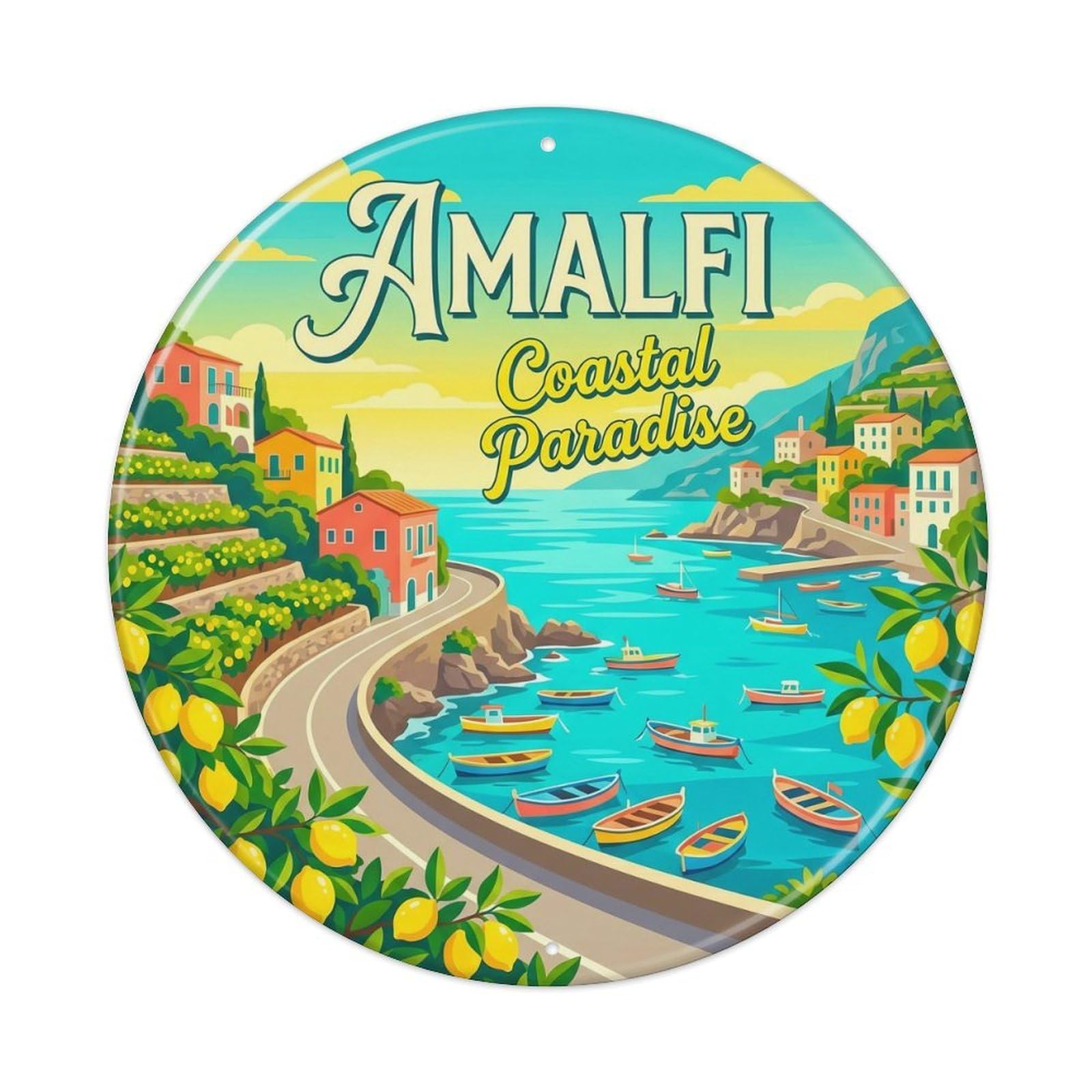 Vintage Travel Mediterranean Coastline Italy Metal Tin Sign Plaque Wall Decor for Cafe, Club Bar, Office, Home Garden Round Metal Poster 8x8Inch